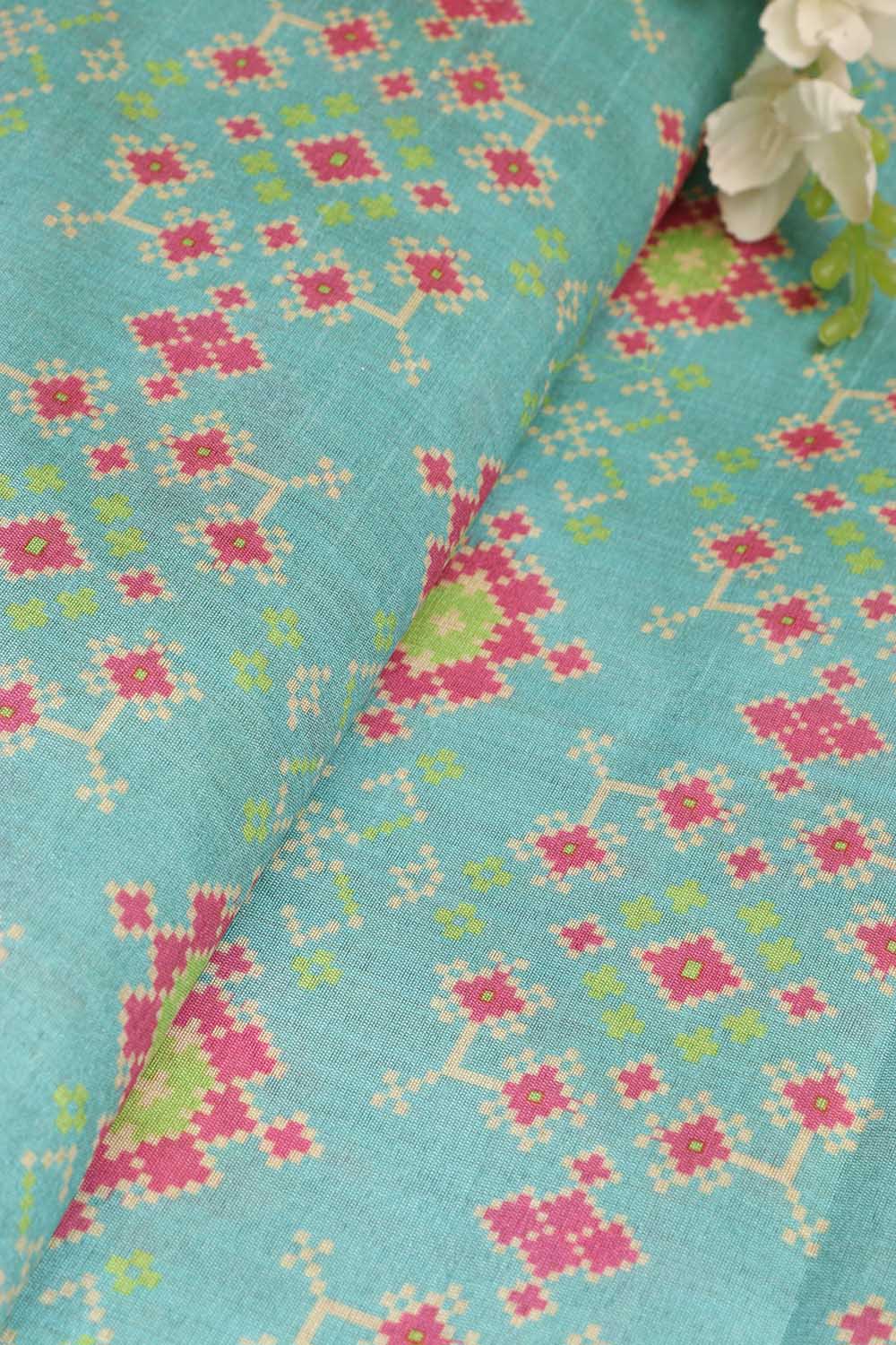 Blue Patola Design Tussar Silk Fabric  - Digital Print ( 1 Mtr ) - Luxurion World