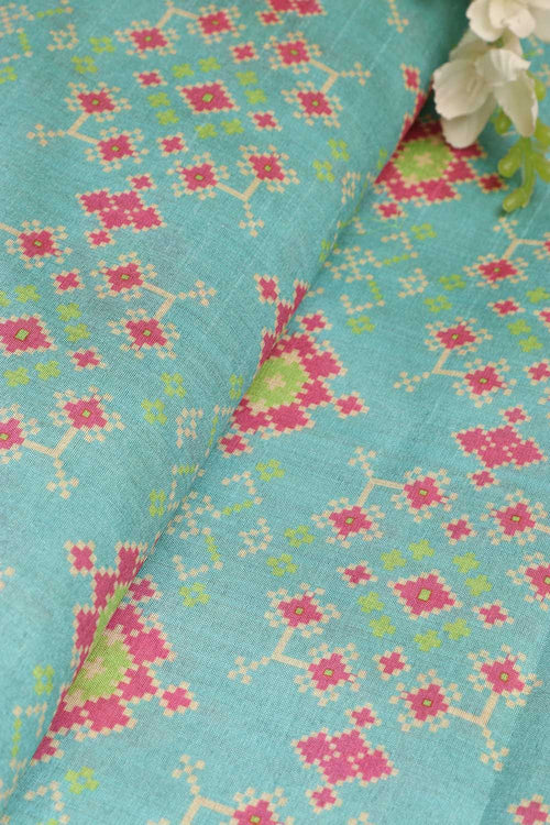 Blue Patola Design Tussar Silk Fabric  - Digital Print ( 1 Mtr ) - Luxurion World