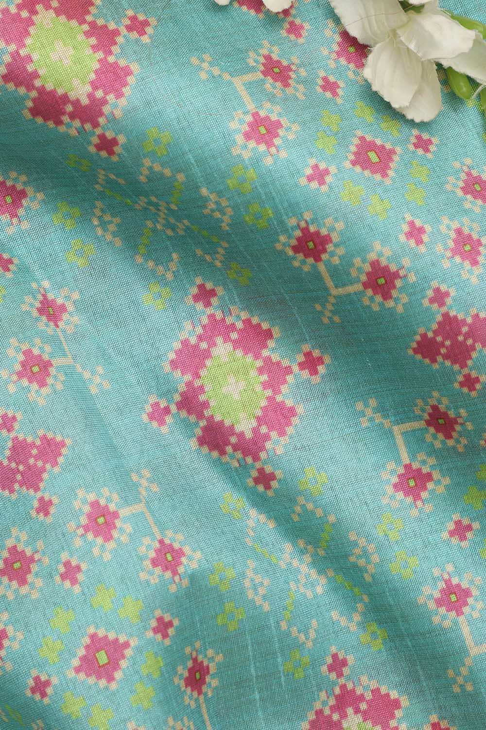 Blue Patola Design Tussar Silk Fabric  - Digital Print ( 1 Mtr ) - Luxurion World