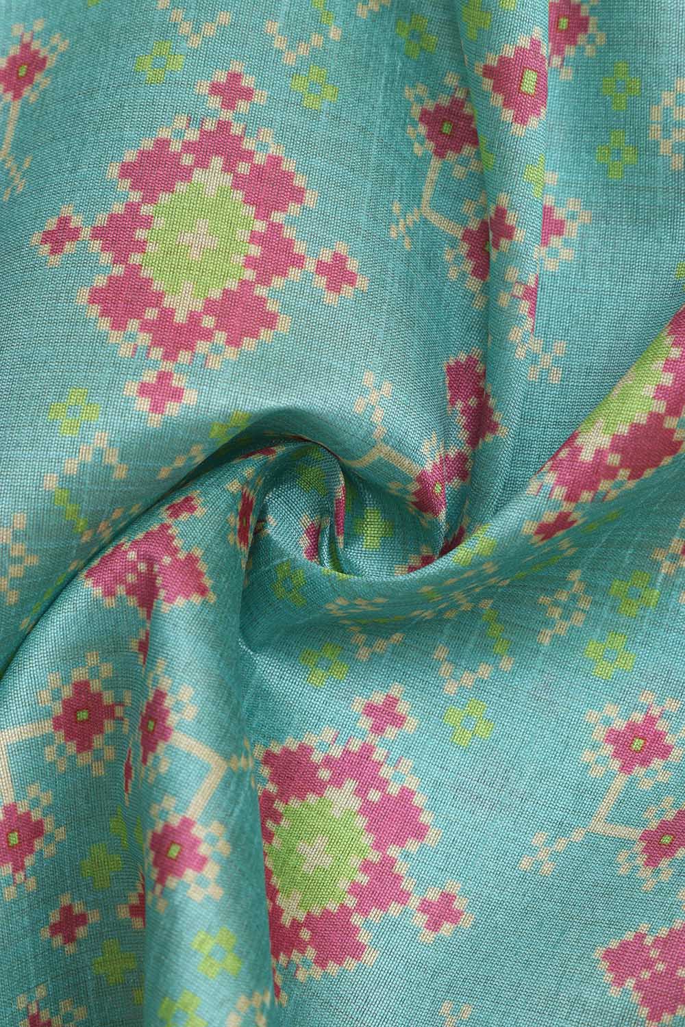 Blue Patola Design Tussar Silk Fabric  - Digital Print ( 1 Mtr ) - Luxurion World