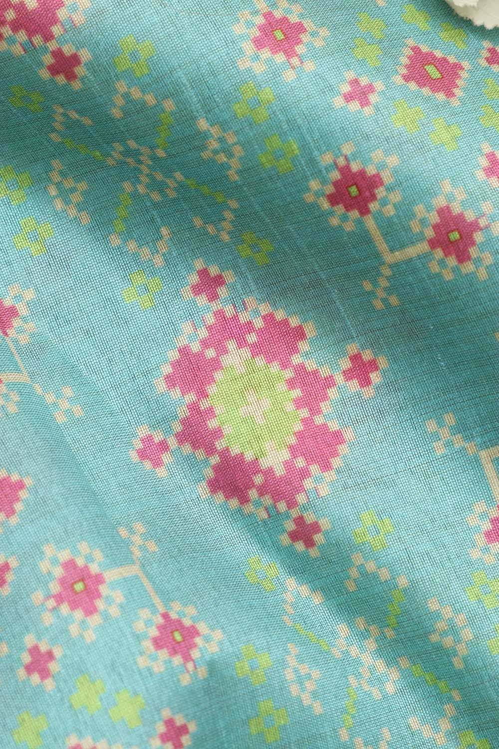 Blue Patola Design Tussar Silk Fabric  - Digital Print ( 1 Mtr ) - Luxurion World