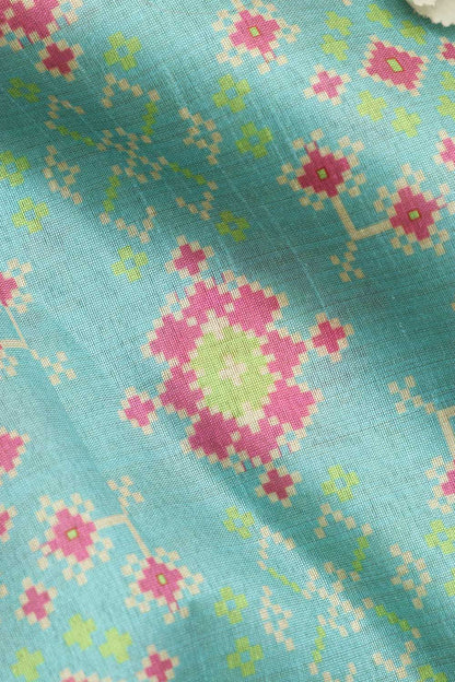 Blue Patola Design Tussar Silk Fabric  - Digital Print ( 1 Mtr ) - Luxurion World