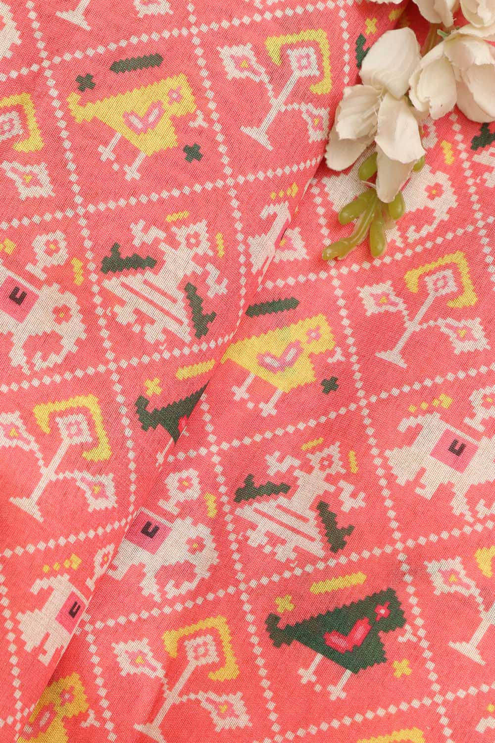 Pink Patola Design Tussar Silk Fabric  - Digital Print ( 1 Mtr ) - Luxurion World