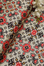 Off White Patola Design Tussar Silk Fabric  - Digital Print ( 1 Mtr ) - Luxurion World
