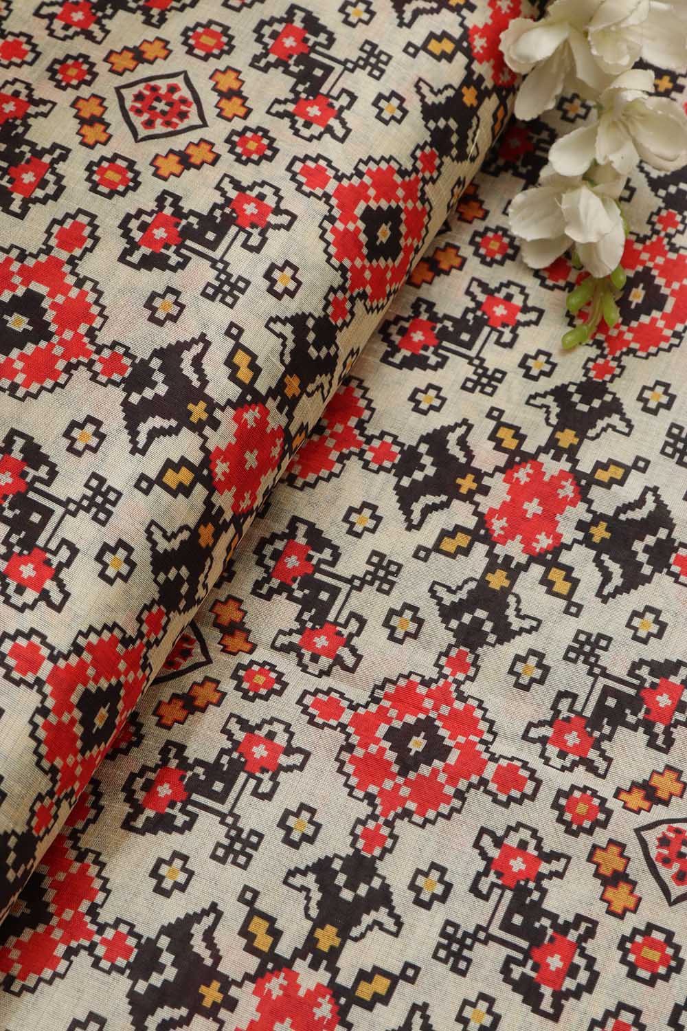 Off White Patola Design Tussar Silk Fabric  - Digital Print ( 1 Mtr ) - Luxurion World