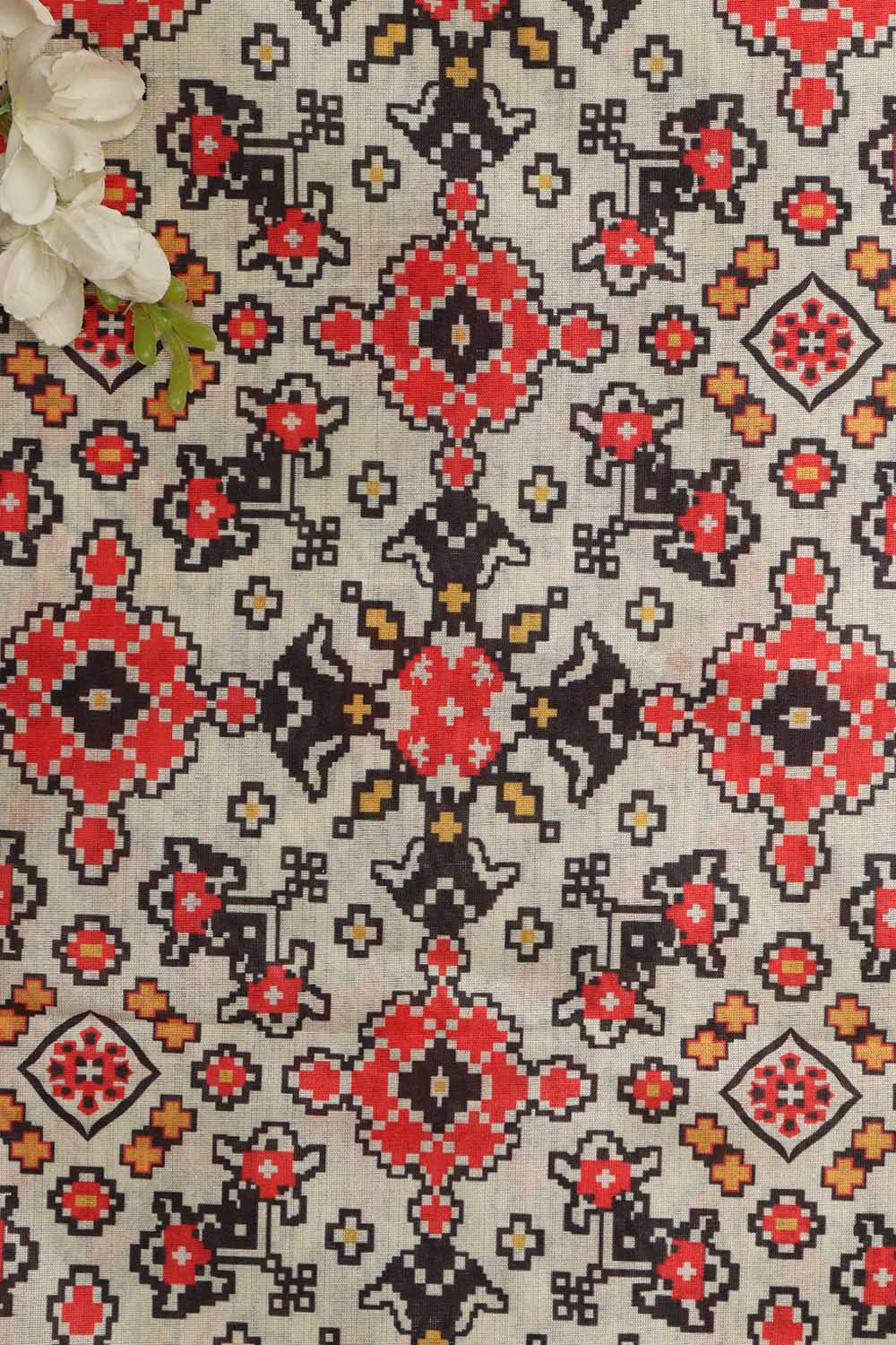 Off White Patola Design Tussar Silk Fabric  - Digital Print ( 1 Mtr ) - Luxurion World
