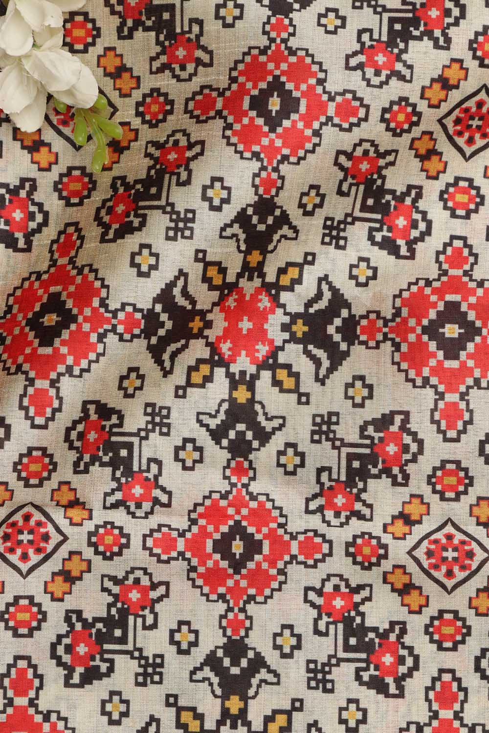 Off White Patola Design Tussar Silk Fabric  - Digital Print ( 1 Mtr ) - Luxurion World