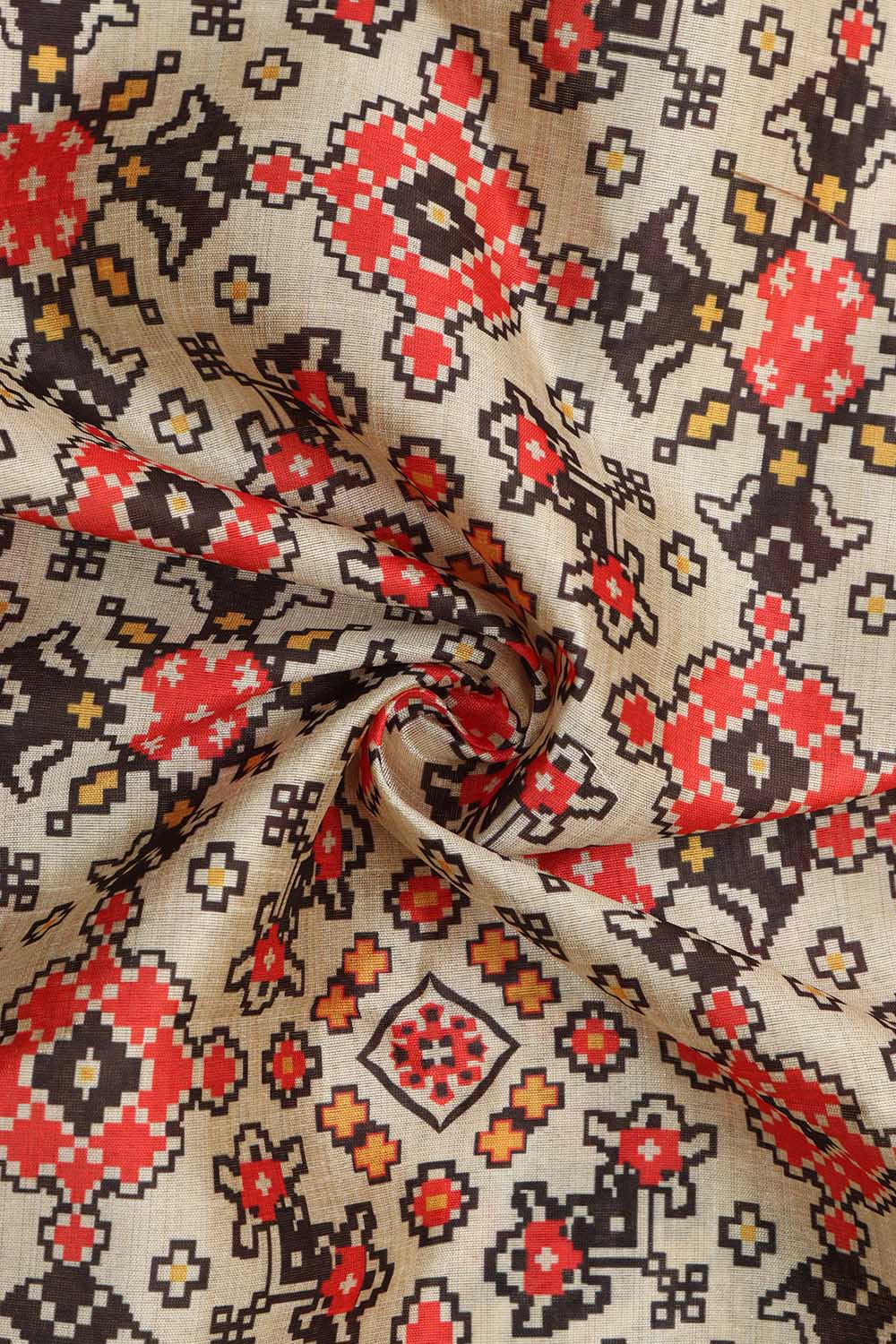 Off White Patola Design Tussar Silk Fabric  - Digital Print ( 1 Mtr ) - Luxurion World