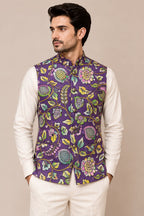 Purple Kalamkari Tussar Silk Nehru Jacket  Kalamkari print Festive