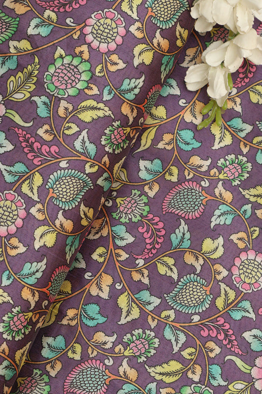 Vibrant Purple Kalamkari Tussar Silk Fabric  - Digital Print (1 Mtr)
