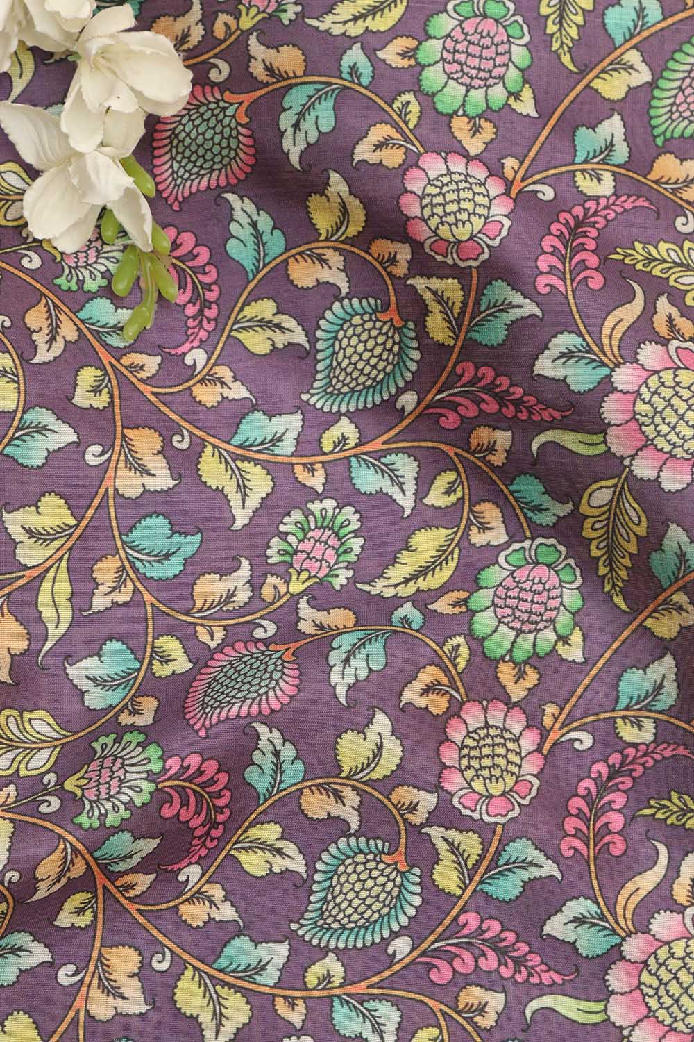 Vibrant Purple Kalamkari Tussar Silk Fabric  - Digital Print (1 Mtr) - Luxurion World