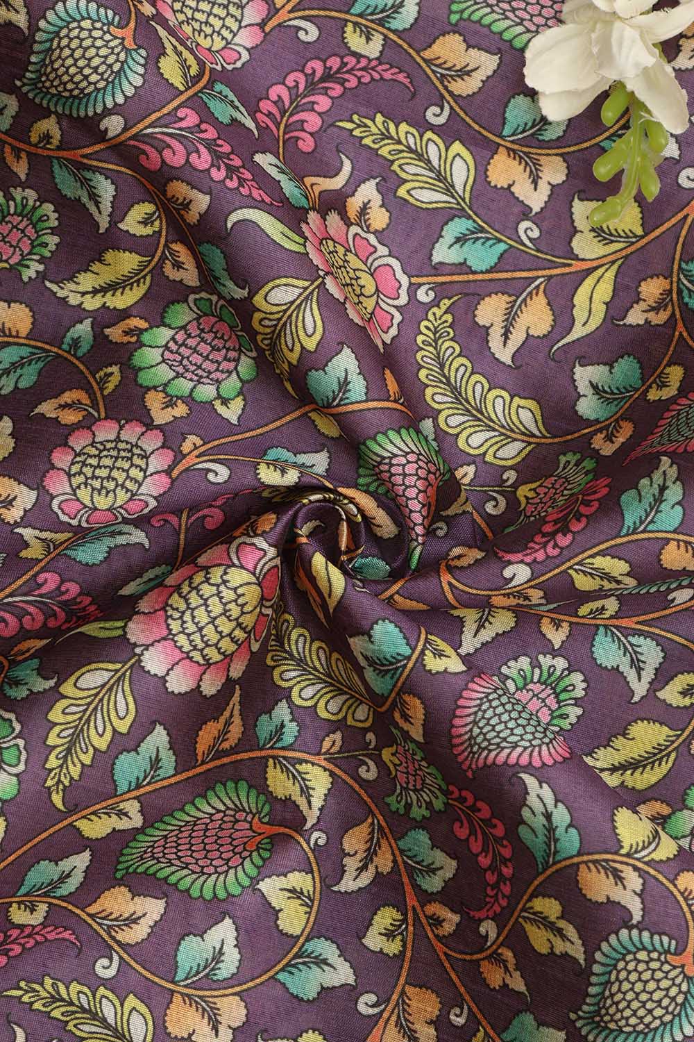 Vibrant Purple Kalamkari Tussar Silk Fabric  - Digital Print (1 Mtr) - Luxurion World
