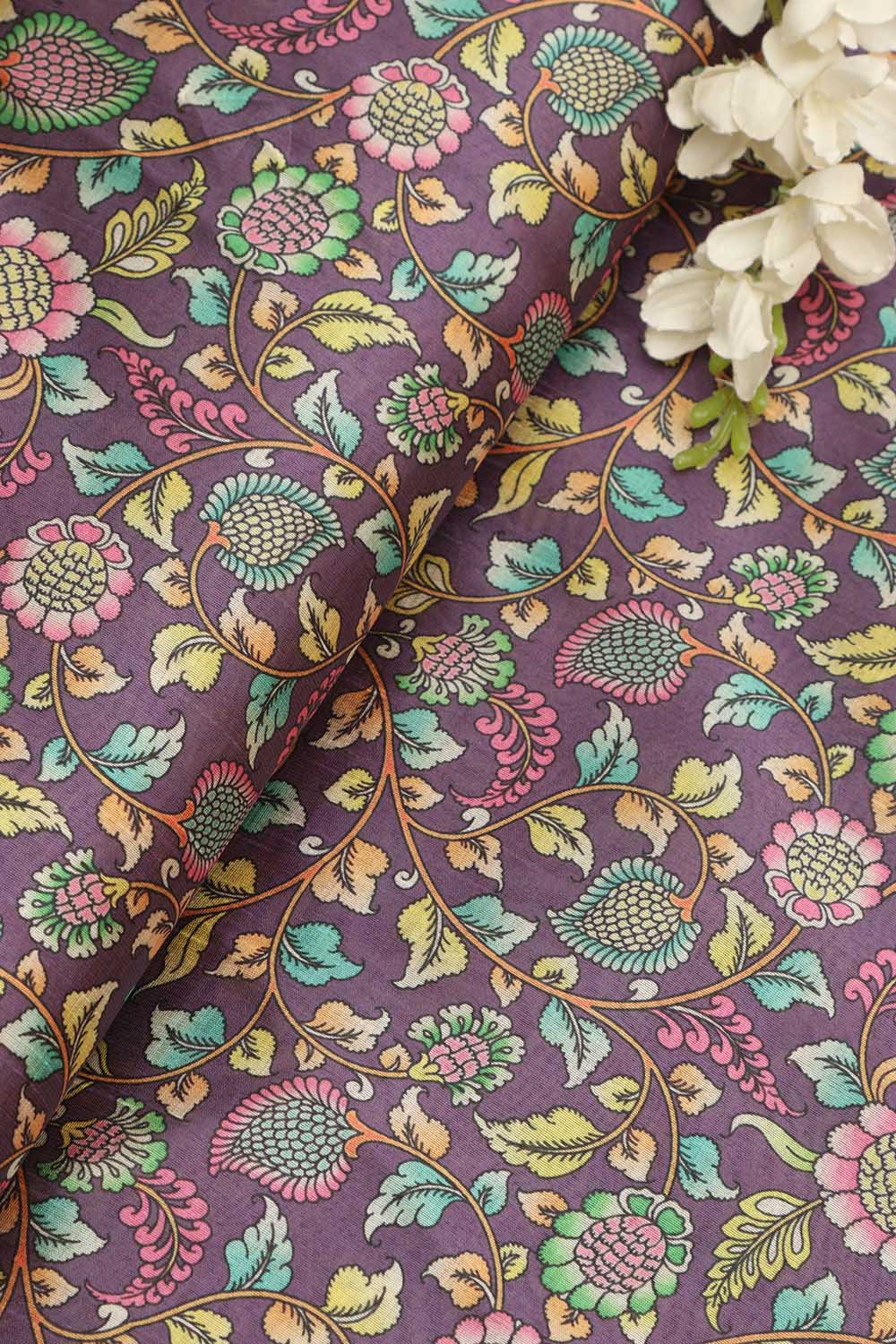 Vibrant Purple Kalamkari Tussar Silk Fabric  - Digital Print (1 Mtr) - Luxurion World