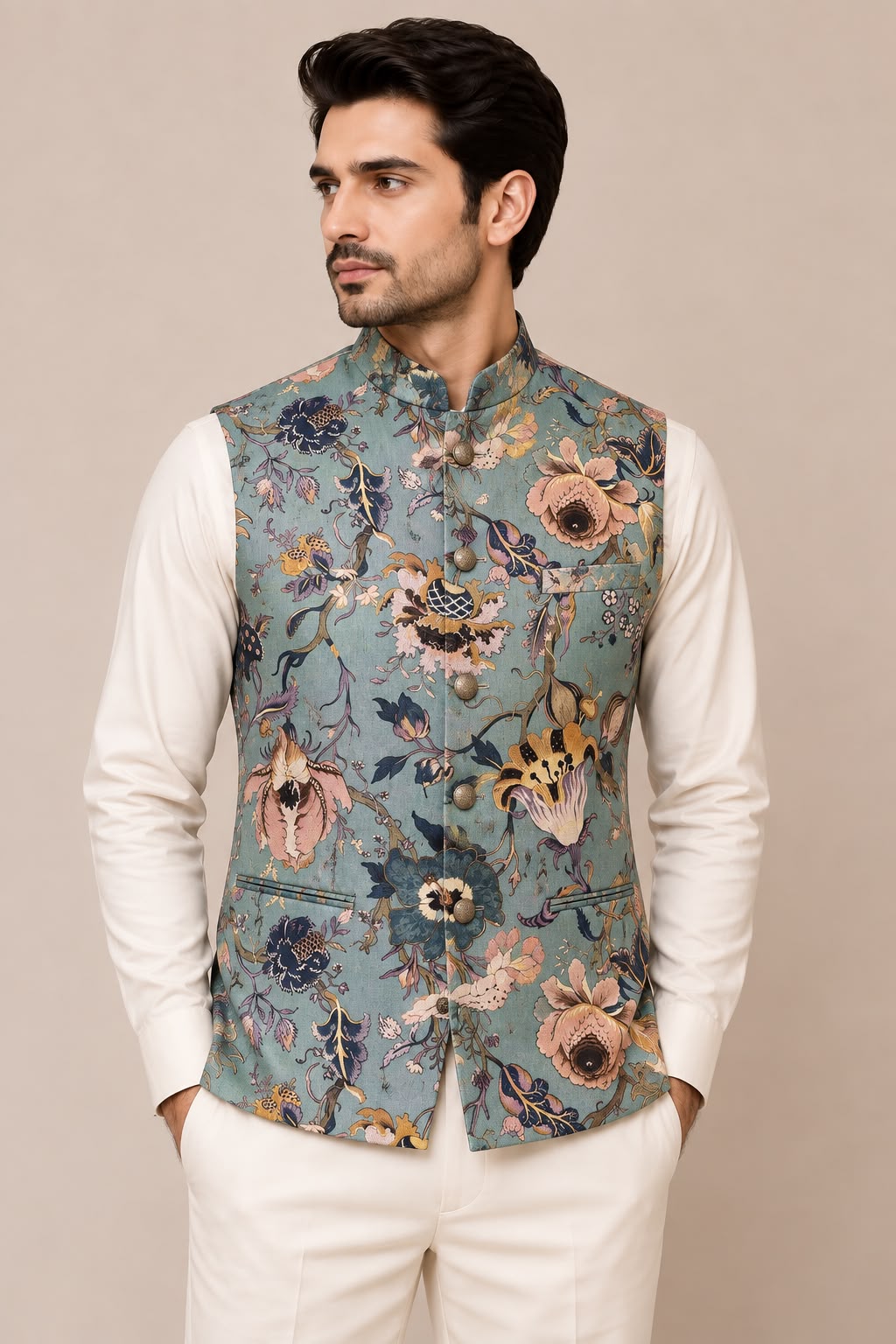 Blue Kalamkari Tussar Silk Nehru Jacket Kalamkari print Festive