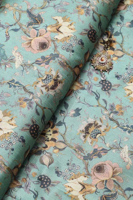 Blue Patola Design Tussar Silk Fabric - Digital Printed ( 1 Mtr )