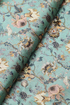 Blue Kalamkari Tussar Silk Fabric - Digital Print (1 Mtr) - Luxurion World