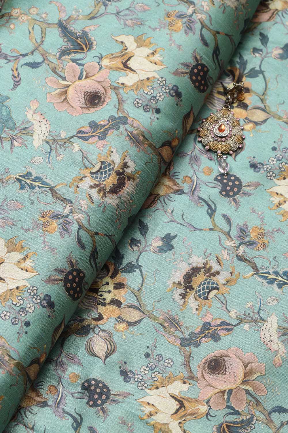 Blue Kalamkari Tussar Silk Fabric - Digital Print (1 Mtr) - Luxurion World