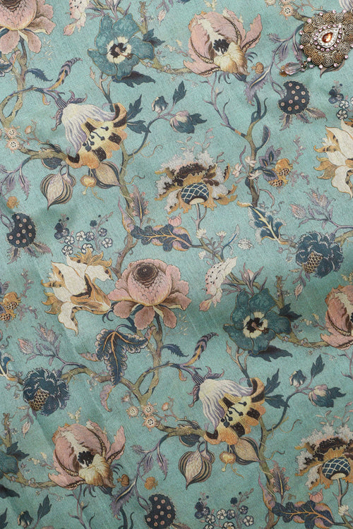 Blue Kalamkari Tussar Silk Fabric - Digital Print (1 Mtr) - Luxurion World
