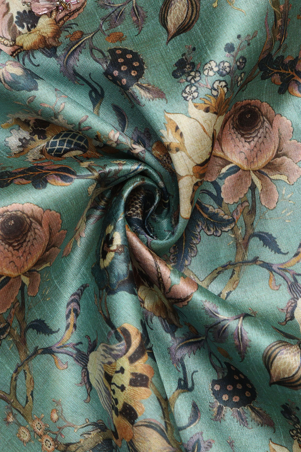 Blue Kalamkari Tussar Silk Fabric - Digital Print (1 Mtr) - Luxurion World