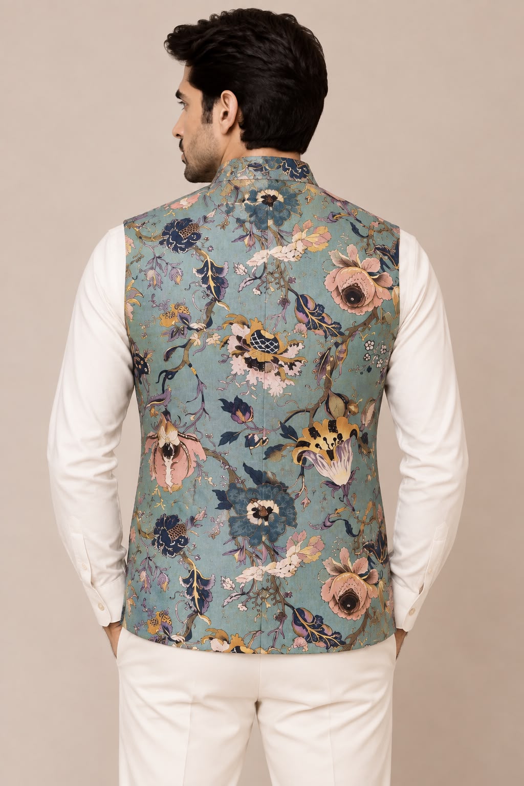 Blue Kalamkari Tussar Silk Nehru Jacket Kalamkari print Festive