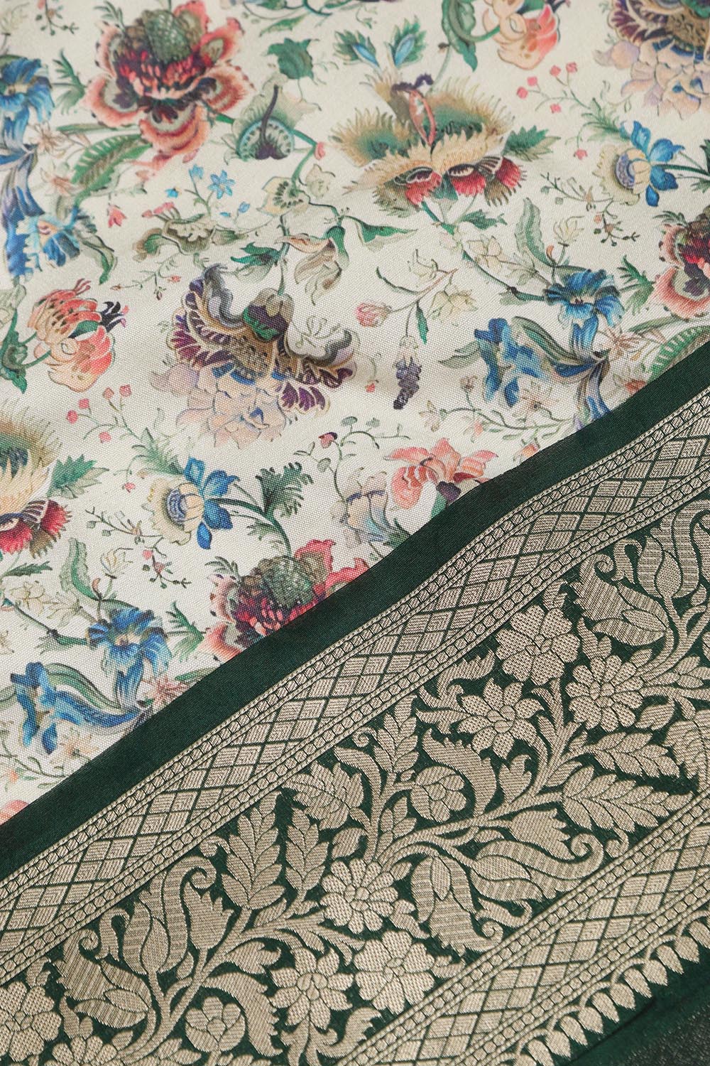 Multicolor Kalamkari Tussar Silk Digital Print Fabric With Banarasi Border - Luxurion World