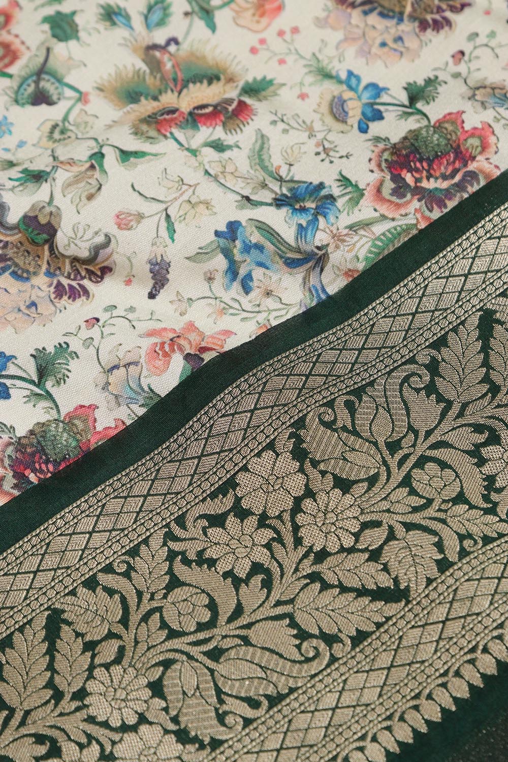 Multicolor Kalamkari Tussar Silk Digital Print Fabric With Banarasi Border - Luxurion World