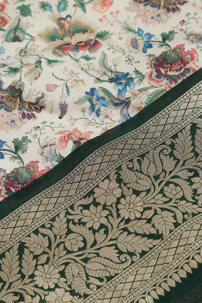 Multicolor Kalamkari Tussar Silk Digital Print Fabric With Banarasi Border