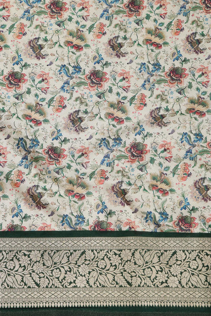 Multicolor Kalamkari Tussar Silk Digital Print Fabric With Banarasi Border