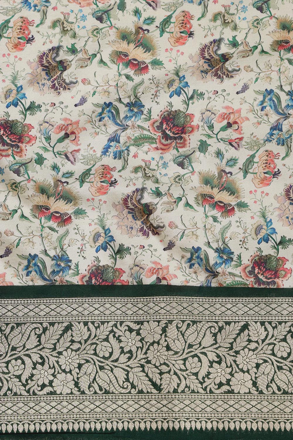 Multicolor Kalamkari Tussar Silk Digital Print Fabric With Banarasi Border