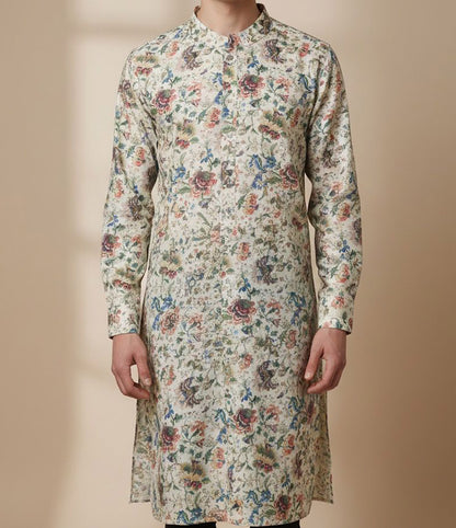 Pastel Digital Printed Tussar Silk Kalamkari Design Kurta - Luxurion World
