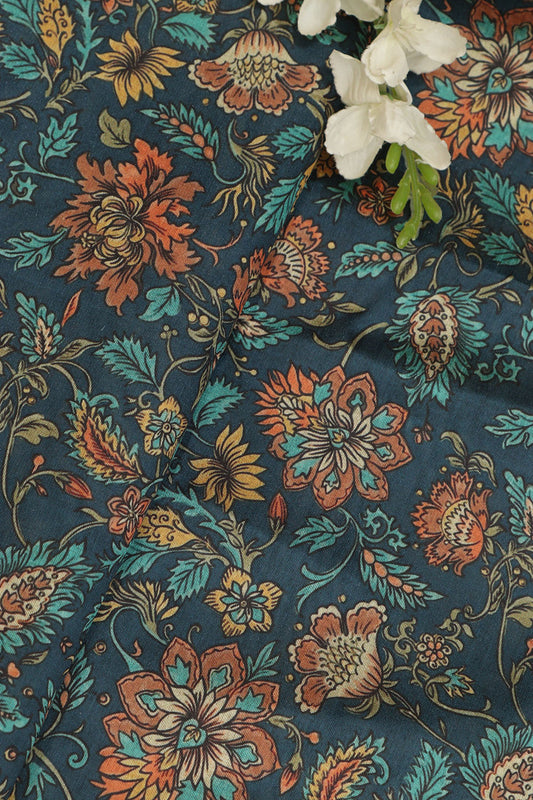 Blue Kalamkari Tussar Silk Fabric  - Digital Print (1 Mtr)