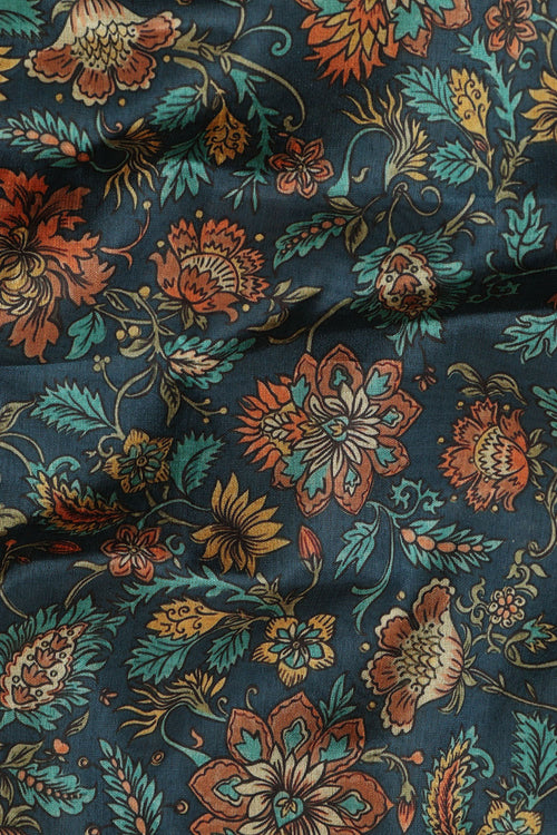Blue Kalamkari Tussar Silk Fabric  - Digital Print (1 Mtr) - Luxurion World