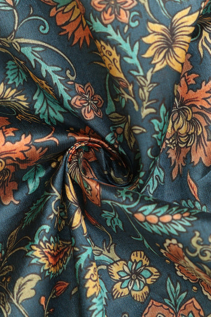 Blue Kalamkari Tussar Silk Fabric  - Digital Print (1 Mtr) - Luxurion World