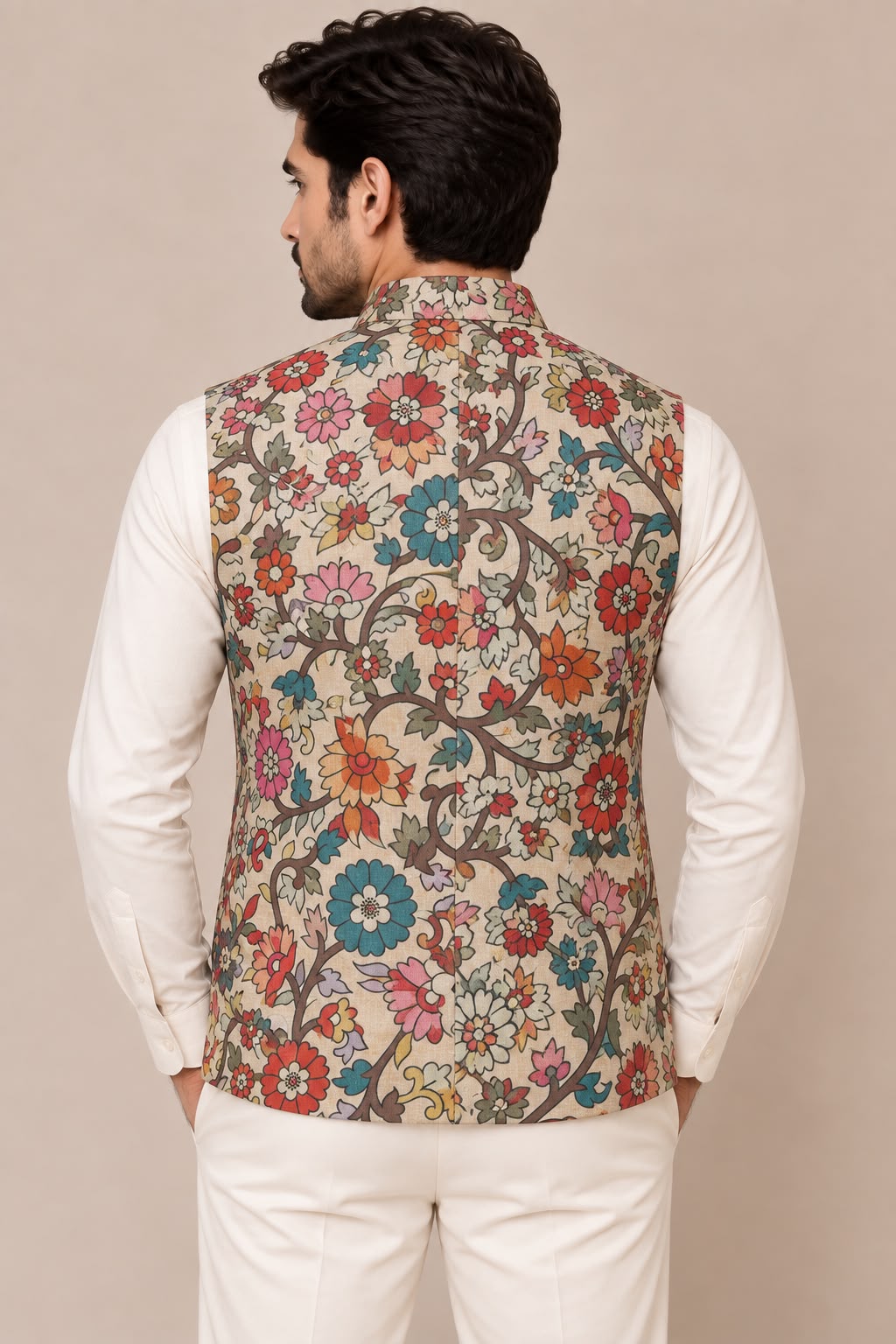Pastel Kalamkari Tussar Silk Nehru Jacket Kalamkari Print Festive