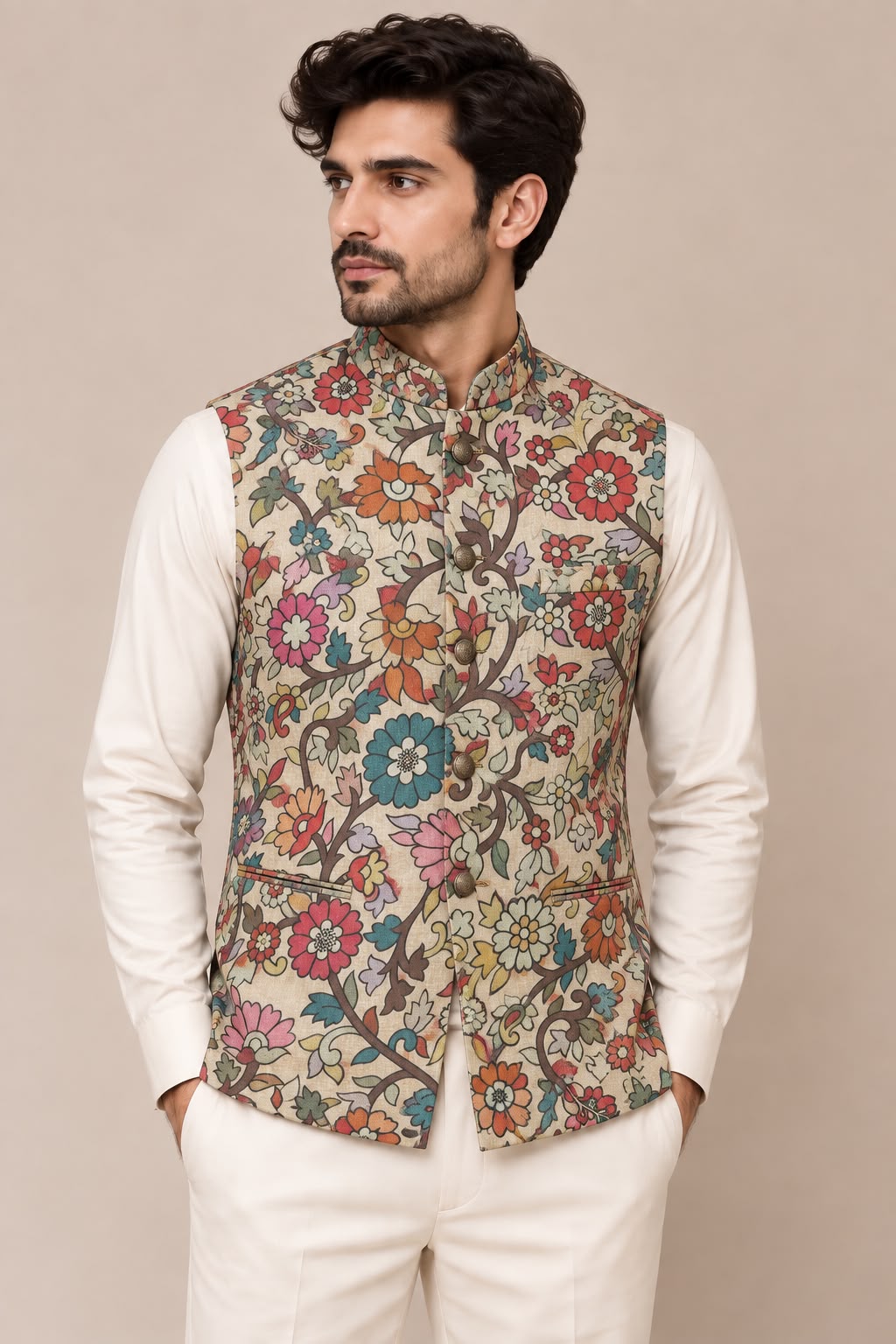 Pastel Kalamkari Tussar Silk Nehru Jacket Kalamkari Print Festive