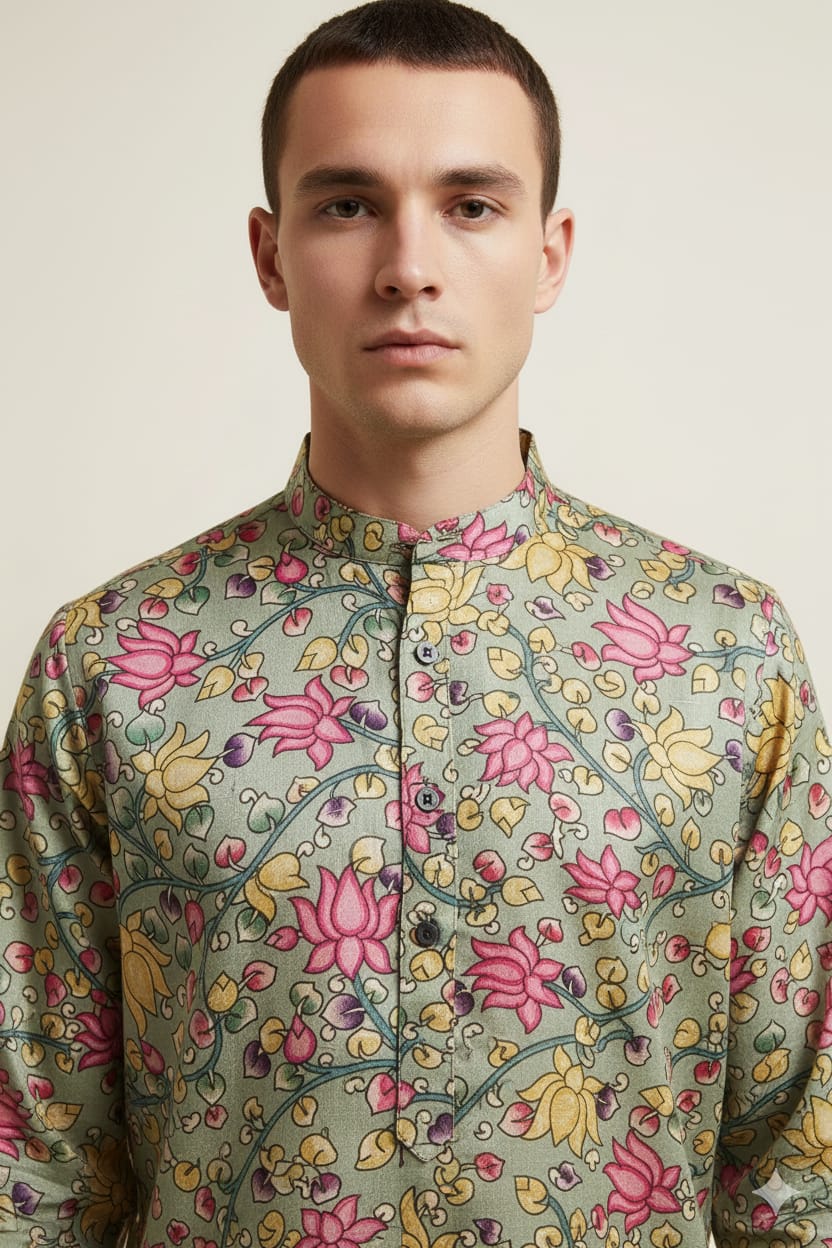 Green Kalamkari Digital Printed Tussar Silk Kurta - Luxurion World