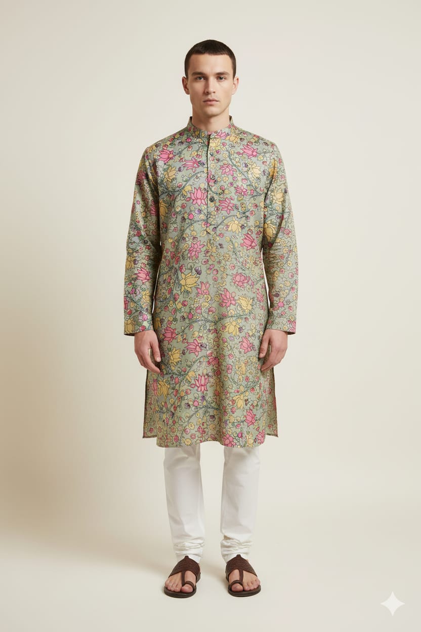 Green Kalamkari Digital Printed Tussar Silk Kurta - Luxurion World