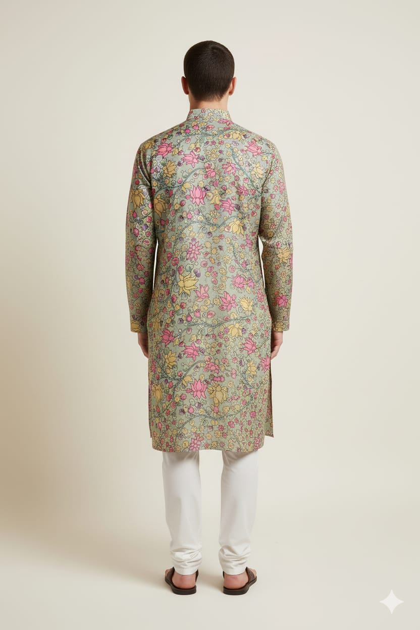 Green Kalamkari Digital Printed Tussar Silk Kurta - Luxurion World