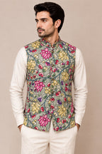 Green Kalamkari Tussar Silk Nehru Jacket — Kalamkari Weave, Festive