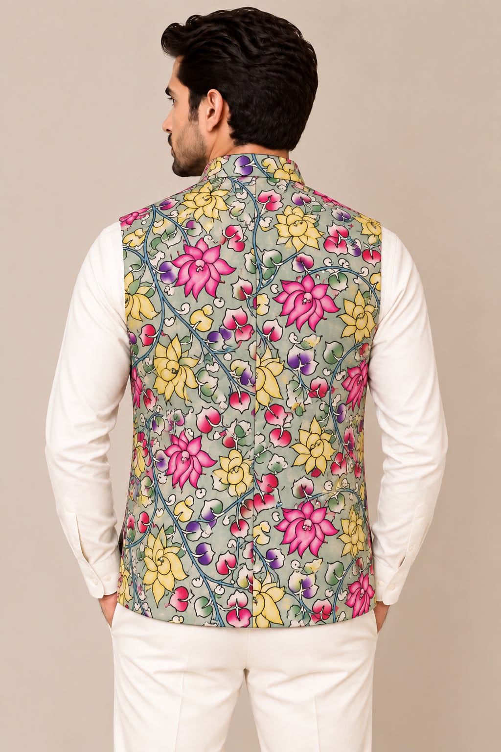 Green Kalamkari Tussar Silk Nehru Jacket — Kalamkari Weave, Festive