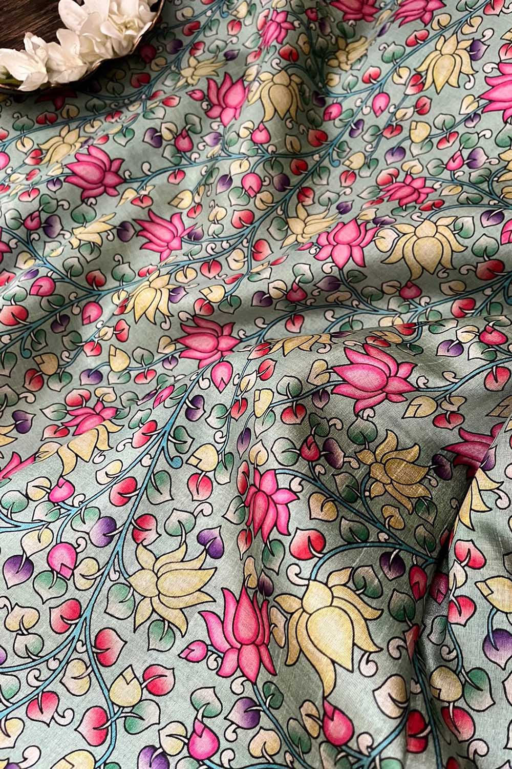 Green Kalamkari Tussar Silk Fabric - Digital Print - Luxurion World