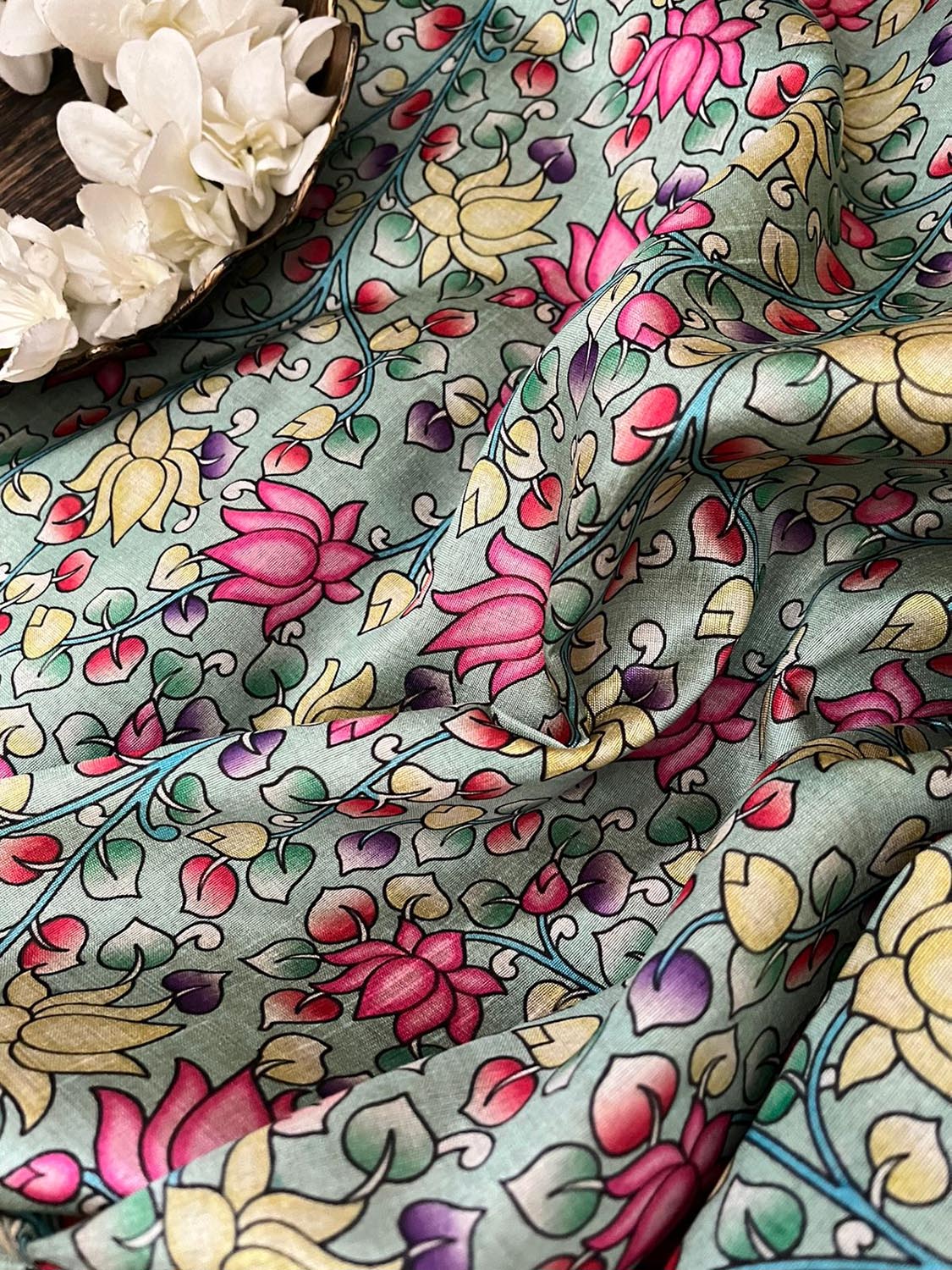 Green Kalamkari Tussar Silk Fabric - Digital Print - Luxurion World