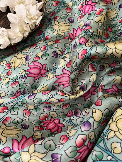 Green Kalamkari Tussar Silk Fabric - Digital Print - Luxurion World