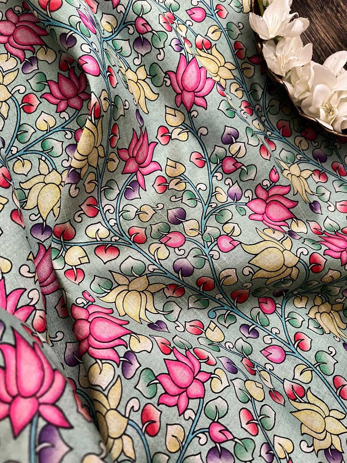 Green Kalamkari Tussar Silk Fabric - Digital Print - Luxurion World