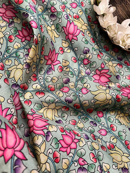 Green Kalamkari Tussar Silk Fabric - Digital Print - Luxurion World