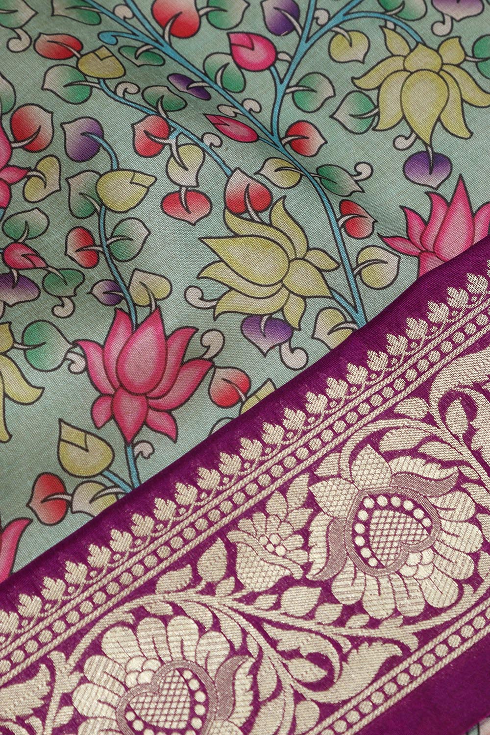 Green Kalamkari Tussar Silk Digital Print Fabric With Banarasi Border - Luxurion World