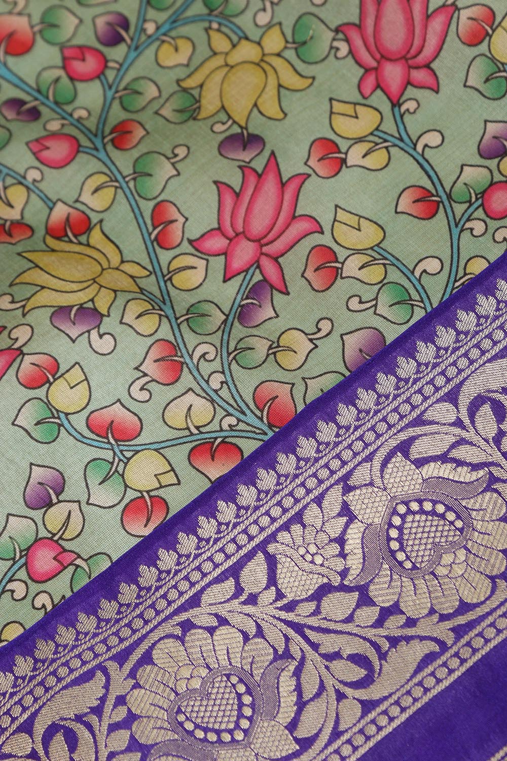 Green Kalamkari Tussar Silk Digital Print Fabric With Banarasi Border - Luxurion World