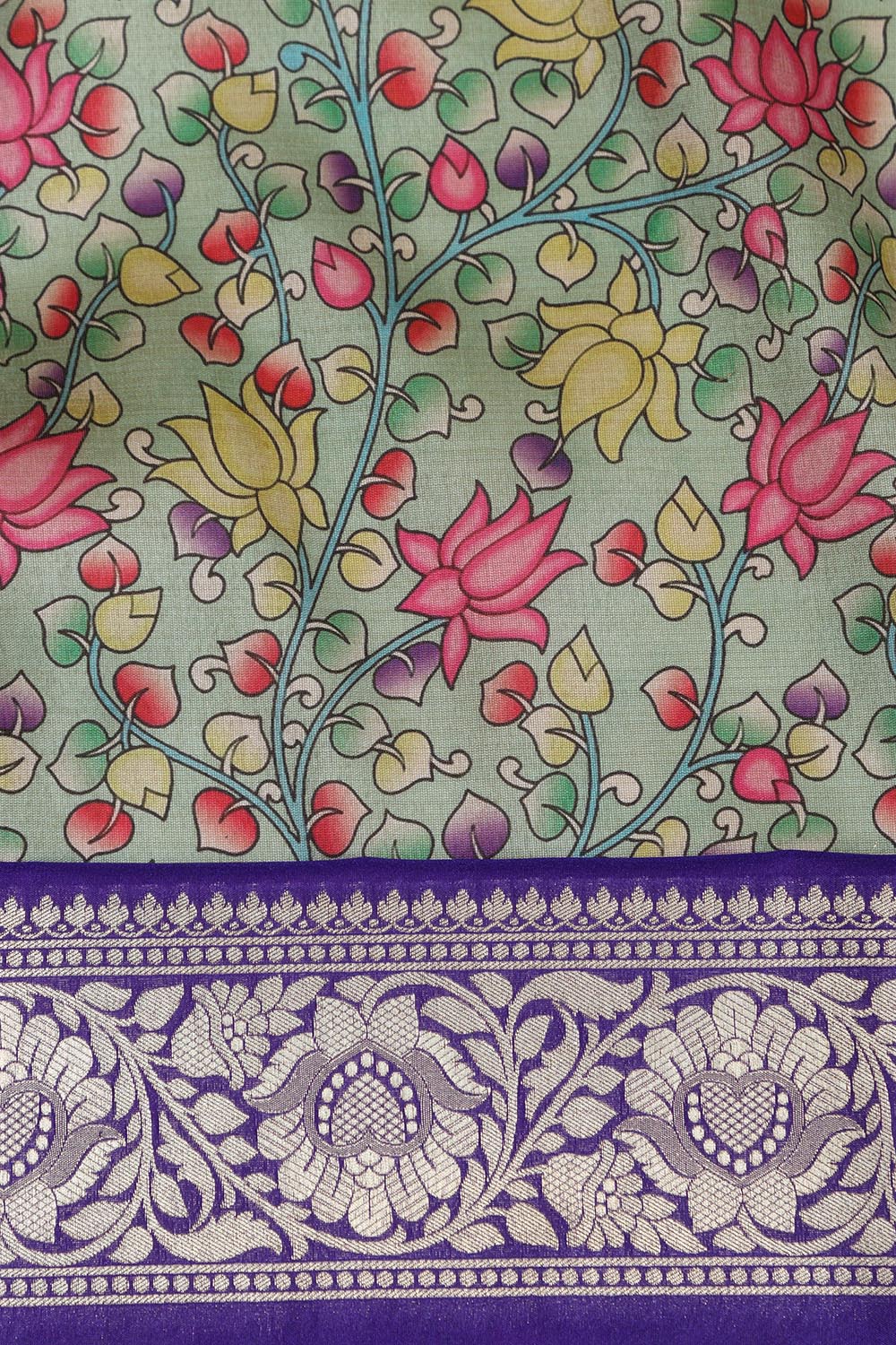 Green Kalamkari Tussar Silk Digital Print Fabric With Banarasi Border - Luxurion World