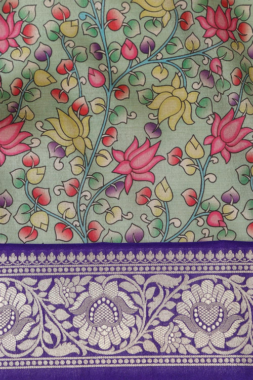 Green Kalamkari Tussar Silk Digital Print Fabric With Banarasi Border - Luxurion World