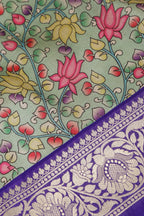 Green Kalamkari Tussar Silk Digital Print Fabric With Banarasi Border - Luxurion World